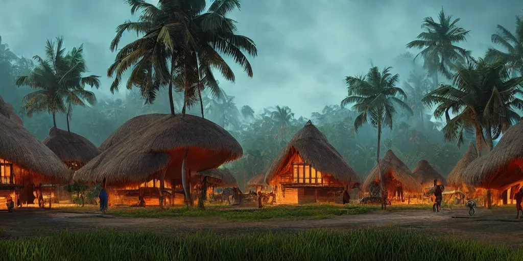 Image similar to establishing shot of a kerala village with thatched houses designed by zaha hadid, an epic fantasy, dramatic lighting, cinematic, extremely high detail, photorealistic, cinematic lighting, matte painting, artstation, by simon stalenhag, horizon forbidden west