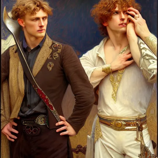 Image similar to manly arthur pendragon and manly merlin. focus on their faces. natural lighting. highly detailed painting by gaston bussiere, j. c. leyendecker, alphonse mucha, greg rutkowski, 8 k