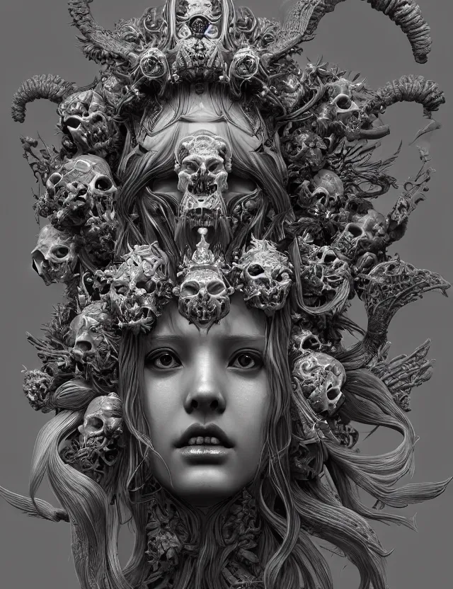 Image similar to symmetrical, centered, zbrush sculpt of goddess close-up portrait wigh crown made of skulls. phoenix betta fish, phoenix, bioluminiscent creature, super intricate ornaments artwork by Tooth Wu and wlop and alena aenami and greg rutkowski