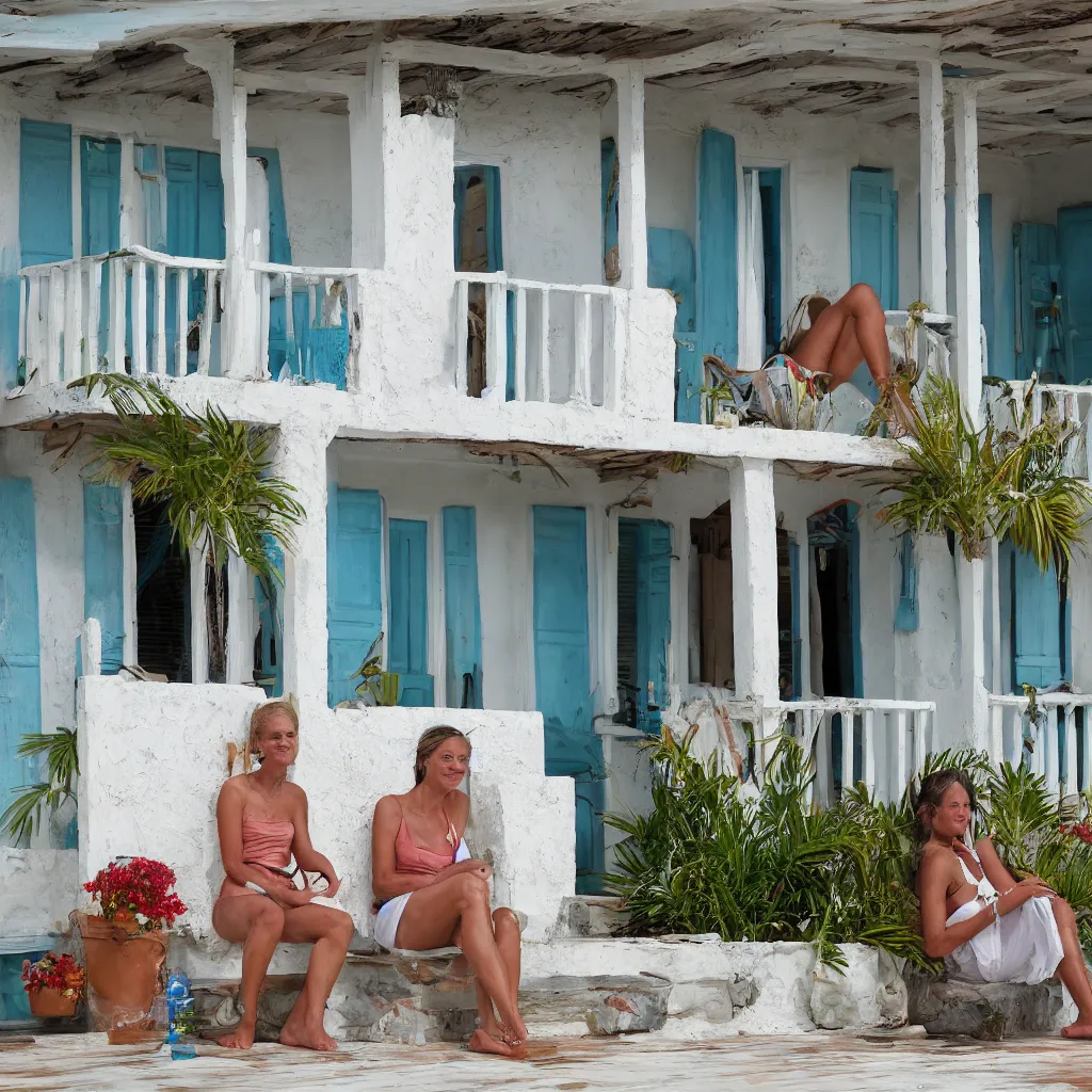 Image similar to a beautiful woman with freckles sitting on the porch of a one-story house in the caribbean watching the sea, realistic, clea