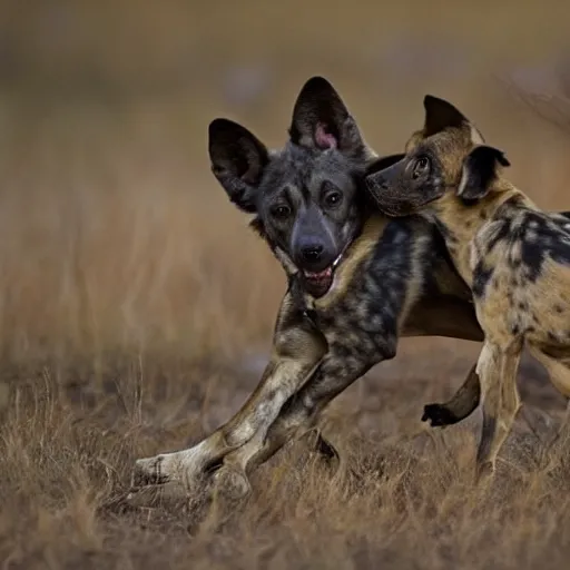 Prompt: National Geographic photo of yoda being eaten by African hunting dogs