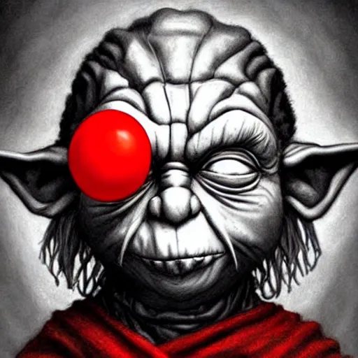 Prompt: surrealism grunge cartoon portrait sketch of yoda with a wide smile and a red balloon by - michael karcz, loony toons style, freddy krueger style, horror theme, detailed, elegant, intricate