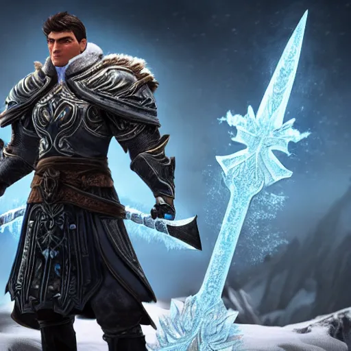 Prompt: 4 k unreal engine render of garen wearing frozen lich king's armor with frostmourne ultra details full body digital art