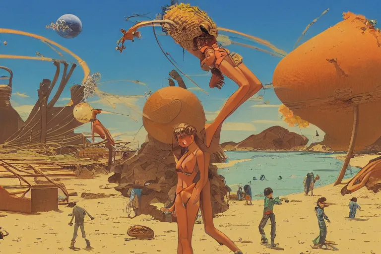 Image similar to most blues, evangelionic illustration, children playing at the beach, atomic explosion, a lot of exotic vegetation, oldschool vintage sci - fi flat surreal design, super - detailed, oil painting by moebius and satoshi kon, hd, 4 k, high quality