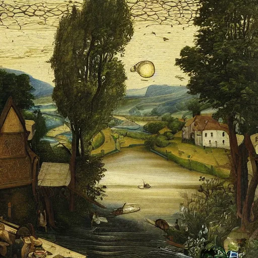 Prompt: An intricate, extremely detailed painting in a style of Breughel featuring a river in Europe, surrounded by trees and fields. A dinghy is slowly moving through the water. Sun is shining.