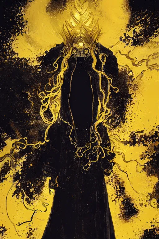 Image similar to A full body portrait of a mysterious character with no face with a very long hooded yellow cloak, a golden crown floating above his head tentacles coming out the ground art by Maciej Kuciara and Jason Chan, ominous, cosmic horror, trending on artstation, Ultra detailed, hyper realistic 4k