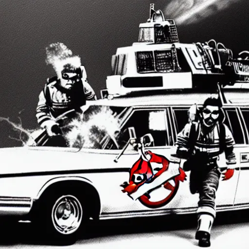 Prompt: Ghostbusters using proton packs and traps on top of the ecto 1 mid chase to catch a UFO