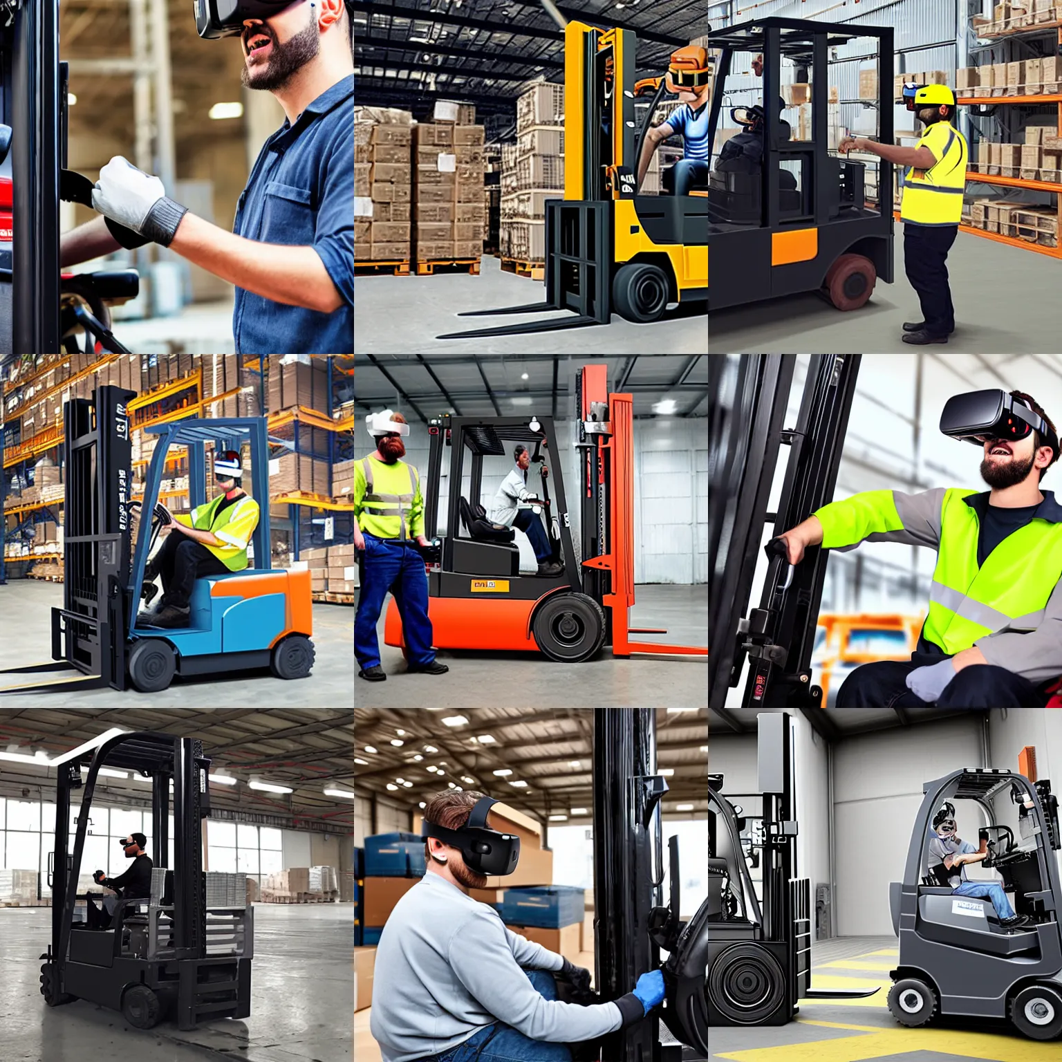 Prompt: forklift operator with a vr headset