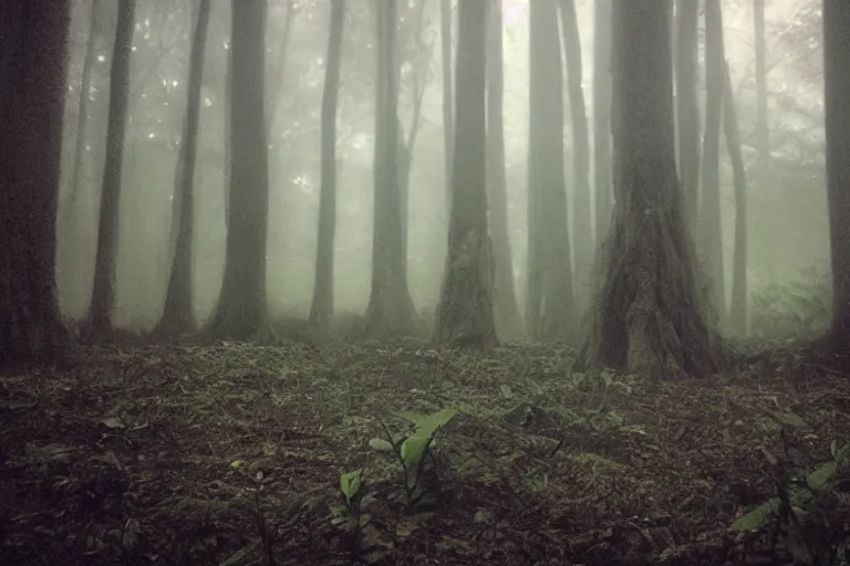 Image similar to a close shot of an ominous alien being standing in a forest, detailed, mythical, mist, depressing, tired, dark, lush, nature, mist, mystery, glows, somber, dismal, fog, heavy fog, dark lighting, rim light, glow, ambient light,