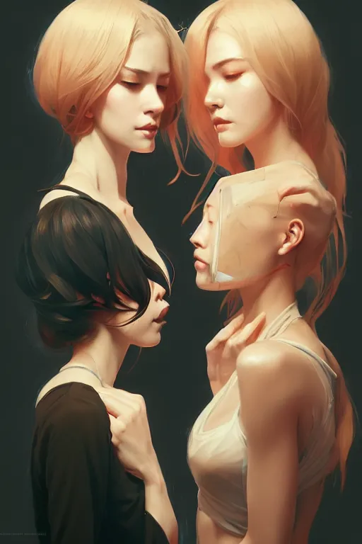 Image similar to portrait of two wise and very beautiful women reviewing some texts, art by guweiz, intricate, elegant, highly detailed, smooth, sharp focus, artstation