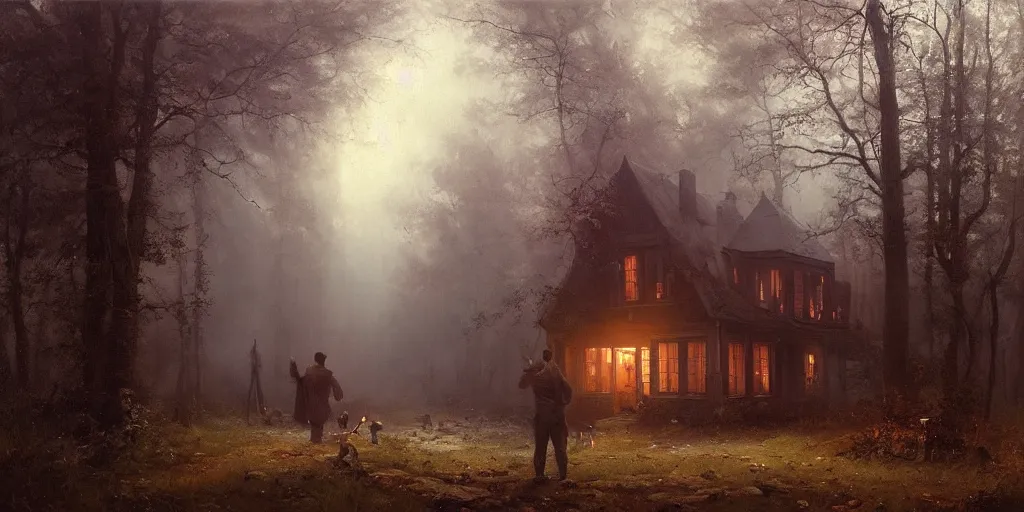 Image similar to an old house with red light on from the windows during the night in a forest, a men stand up in front of the house, mystical fog, oil on canvas, art by andreas achenbach, clemens ascher, tom bagshaw and sabbas apterus,