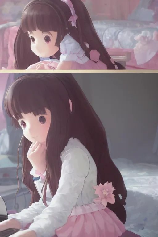 Image similar to a little girl in a maid outfit with dark brown hair in her pink bedroom on a princess sofa with stuffed animals programming on a laptop with a black screen, detailed eyes, 4 k resolution by krenz cushart and akihito yoshida and makoto shinkai