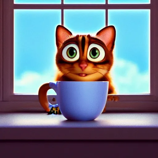 Image similar to a cute cat with big eyes looking at a cup of coffee in beautiful morning at a house window. Pixar Disney 4K 3d render funny animation movie Oscar winning trending on ArtStation and Behance. Ratatouille style.