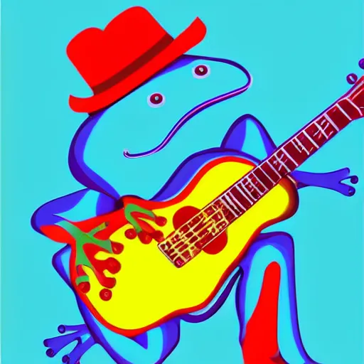 Image similar to frog playing on guitar, blue background, modern