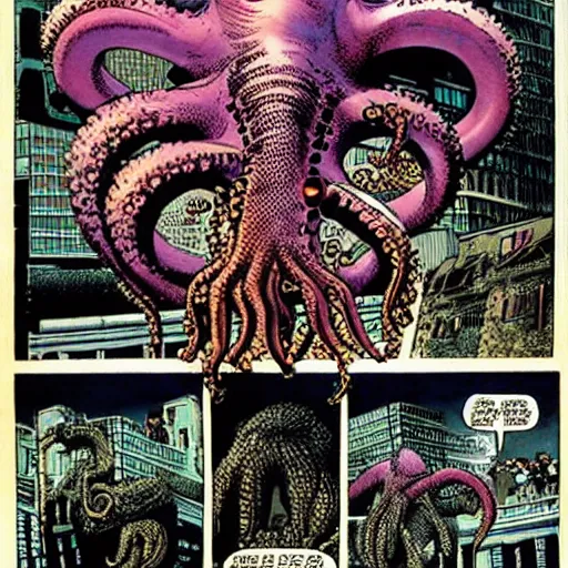 Image similar to giant alien octopus demon terrorising a city, art by Richard Corben