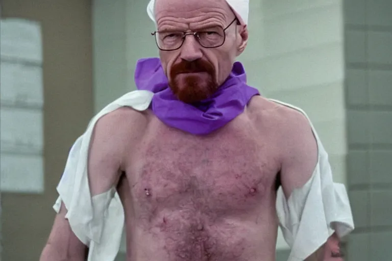 Prompt: walter white as a white gang member wearing a purple head covering made from a polyester or nylon material and a stained white tank top beating up his opponent gustavo fring in the streets of chicago, arms covered in gang tattoo, paparazzi, leaked footage, uncomfortable, bad quality