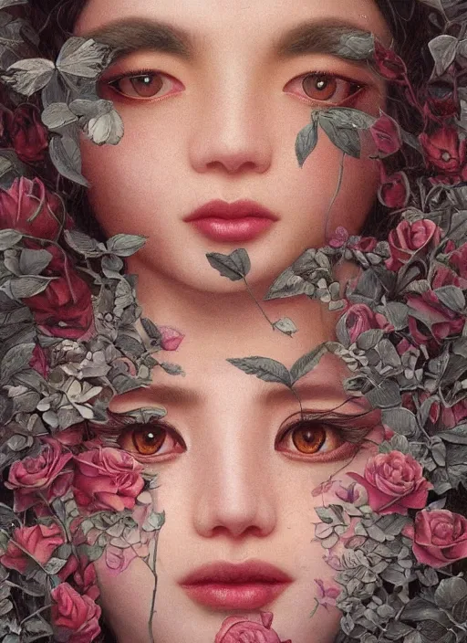 Image similar to sofia vargerra, cat eye, botanical, rose, portrait face, colorful, kupka, intricate, miles johnston, kuroda seiki, ozabu, godward, painterly, yoshitaka amano, moebius, miles johnston, louise zhang, james jean, mark ryden lowbrow pop surrealism art style