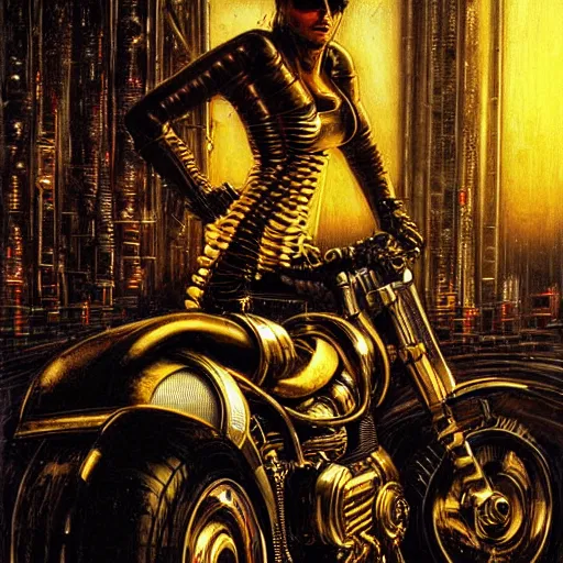 Prompt: cyberpunk motorbiker, atmospheric lighting, painted, intricate, golden hour, ultra detailed by peter gric, giger, enki bilal