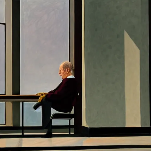 Image similar to werner herzog sits in the waiting room at the dmv, holding boltcutters. style of edward hopper, award winning, photo realistic, dynamic lighting, very detailed face, 4 k, chris ware