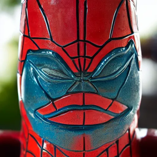 Image similar to a closeup photorealistic capture of glossy spider man style tiki mug at an outdoor trader vic's bar featuring the face of spider man. tiki theme. bright scene. fine detail. this 4 k hd image is trending on artstation, featured on behance, well - rendered, extra crisp, features intricate detail, epic composition and the style of unreal engine.