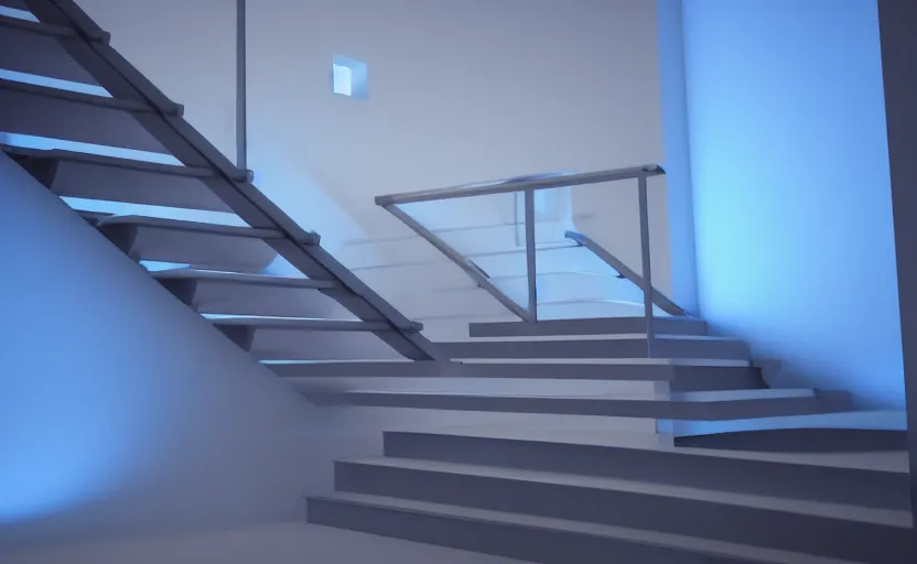 Prompt: stairs with soft blue lights in the roof, octane render, artstation trending, highly detailded