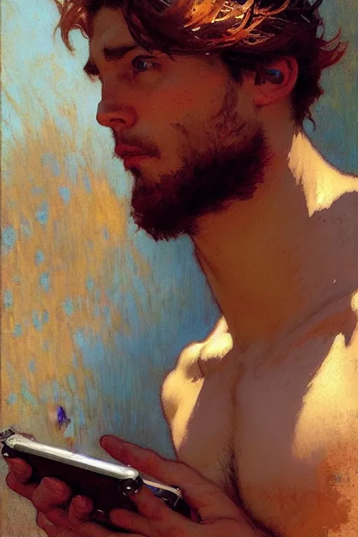 Image similar to attractive man taking a selfie, cool colors, painting by gaston bussiere, craig mullins, greg rutkowski, alphonse mucha