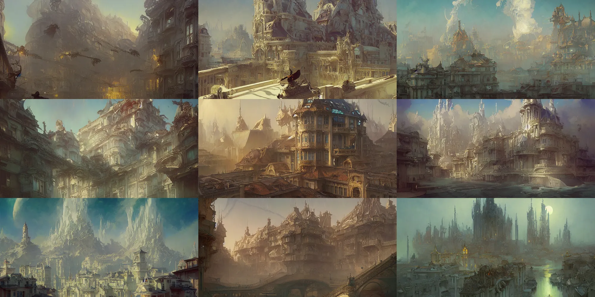 Prompt: port city art nouveau architecture, fantasy, art by joseph leyendecker, peter mohrbacher, ivan aivazovsky, reza afshar, ferdinand knab, ruan jia