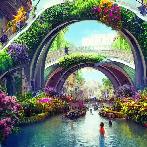 Prompt: A beautiful photo of heaven + walkways, canals, stairs, fountains and arches, lush vegetation, colorful flowers and crowds of people, by Eddie mendoza, futuristic but classical architecture by Zaha Hadid, Maya render, raytracing, awe-inspiring, sharp detailed focus, incredible post-processing lighting