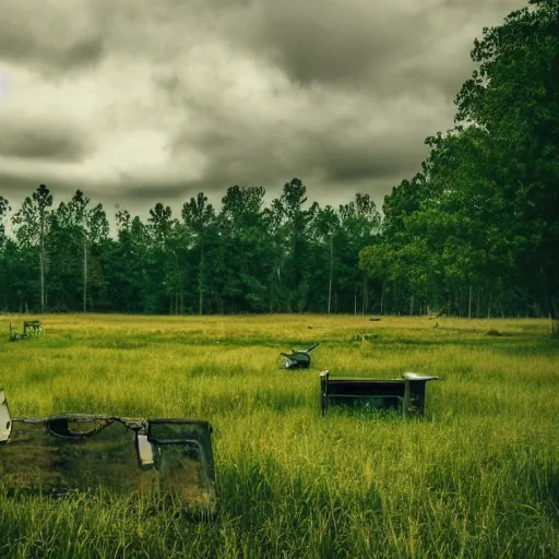 Prompt: a slide from a pitch deck showing a grassy field filled with heaps of old and moldy furniture, overcast sky, forest in background, photorealistic, 4k, photo