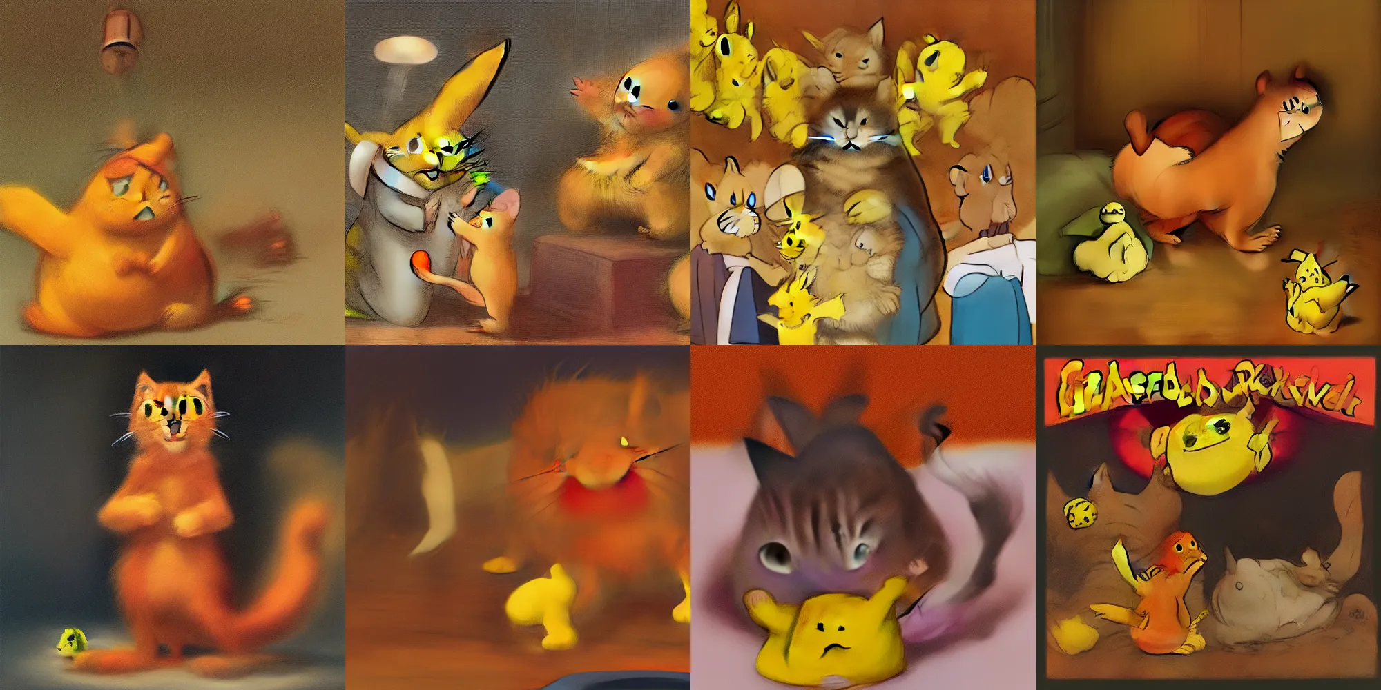 Prompt: garfield the cat eats pikachu in the style of Goya