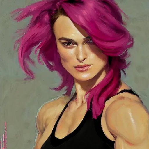 Prompt: greg manchess portrait painting of confident keira knightley with pink hair as beautiful thick female bodybuilder zarya from overwatch, medium shot, asymmetrical, profile picture, organic painting, sunny day, matte painting, bold shapes, hard edges, street art, trending on artstation, by huang guangjian and gil elvgren and sachin teng