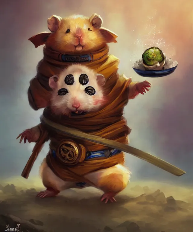 Prompt: anthropomorphic hamster ninja eating sushi, ninja outfit, standing in a buddhist temple, cute and adorable, dnd character art portrait, matte fantasy painting, deviantart artstation, by jason felix by steve argyle by tyler jacobson by peter mohrbacher, cinematic lighting