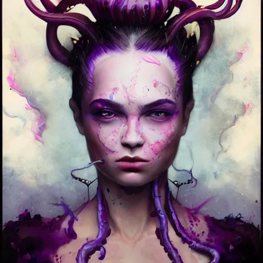 Prompt: art portrait of a furious girl with purple tentacles on her head, 8 k, by tristan eaton, stanley artgermm, tom bagshaw, greg rutkowski, carne griffiths, trending on deviantart, face enhance, hyper detailed, full of colour