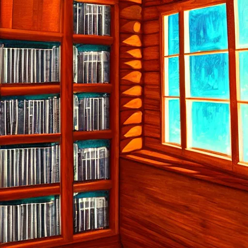 Prompt: cottagecore interior window nook with library shelves, digital painting, by gibli