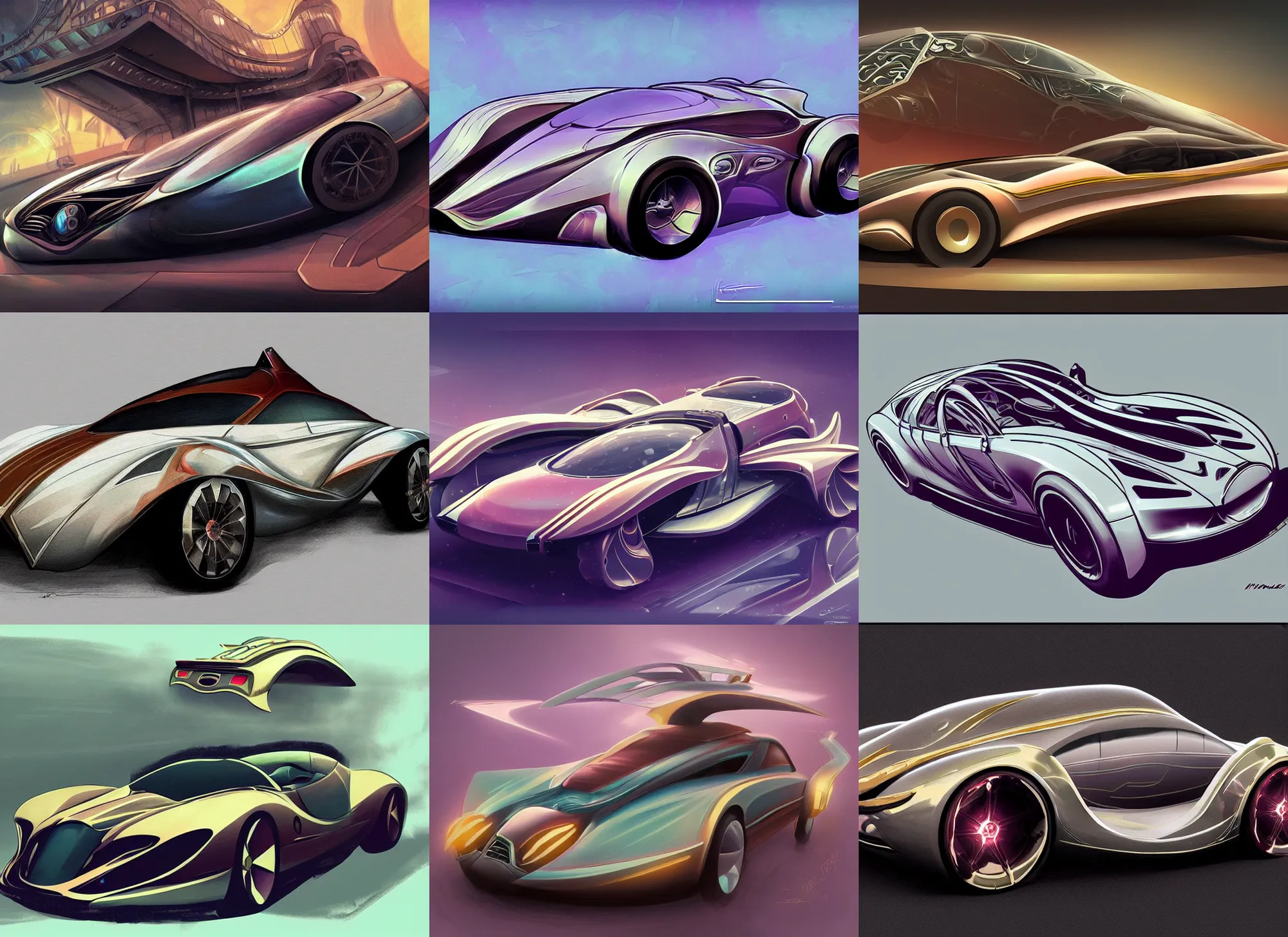 Prompt: retro - future art - nouveau fantastical luxury car, full car, concept art, digital painting, artstation