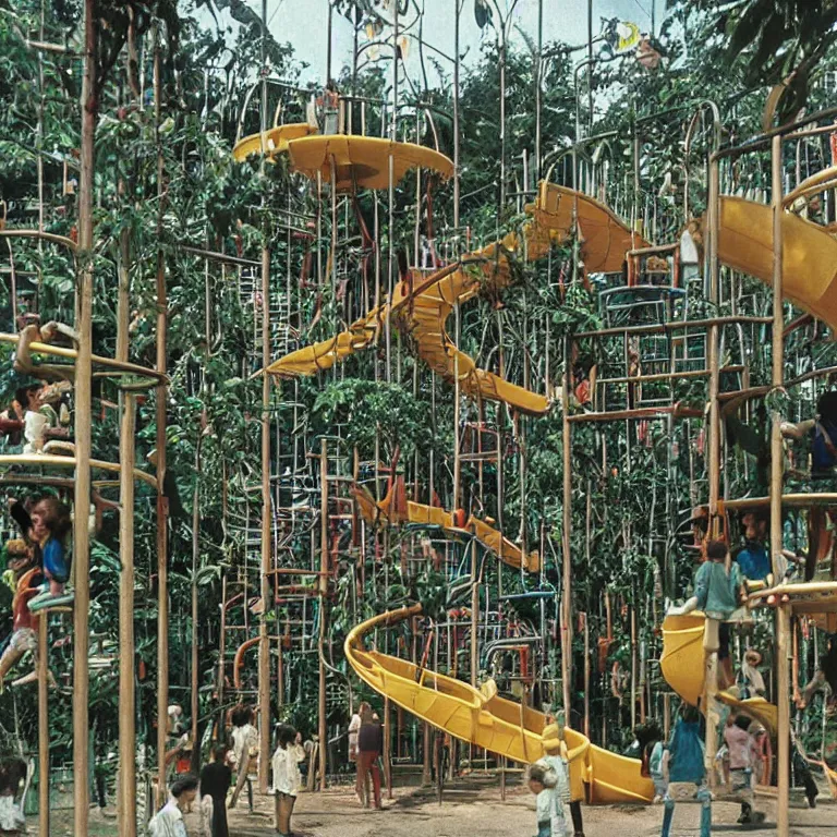 Image similar to full - color closeup 1 9 7 0 s photo of a large complex very - dense very - tall many - level jungle - gym in a crowded schoolyard. the jungle - gym is made of dark - brown wooden planks, and black rubber tires. it has many wooden spiral staircases, high bridges, ramps, and tall towers.