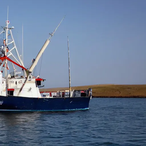 Image similar to realistic aerial drone shot of British fishing trawler