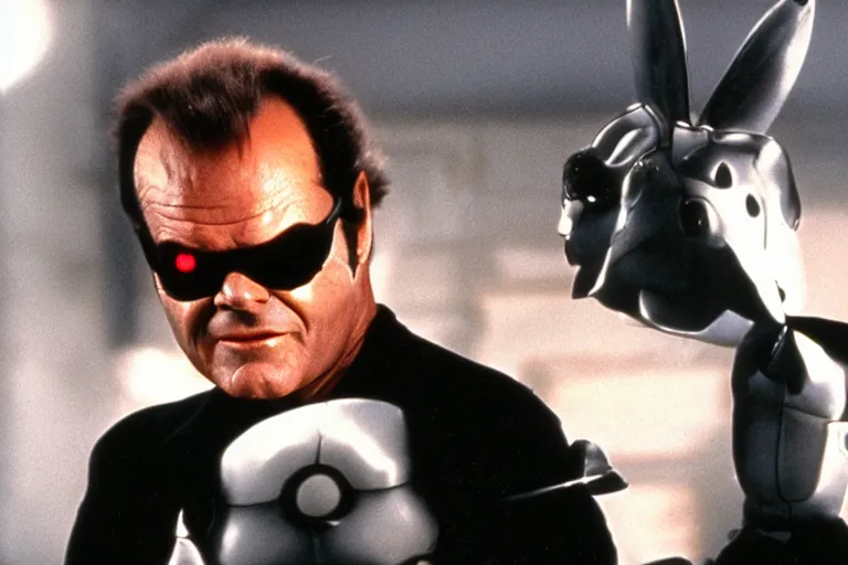 Image similar to Jack Nicholson in costume of Pikachu Terminator scene where his endoskeleton gets exposed and his eye glow red still from the film