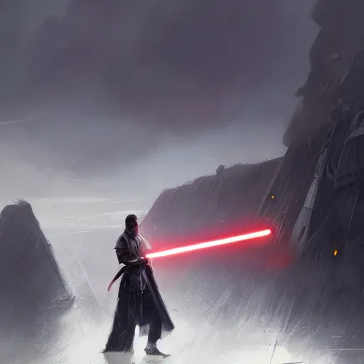 Image similar to star wars concept art by greg rutkowski, an epic lightsaber duel between two jedi and a sith, on a fortress surrounded by a stormy sea, stressful atmosphere, cinematic lighting, artstation hq