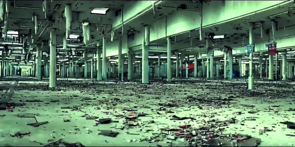 Image similar to abandoned replicant factory in a mall, old distorted camcorder video