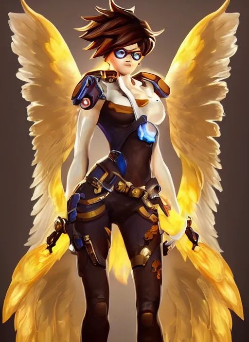 Prompt: full body oil painting of tracer overwatch in the style of artgerm, angel wings, angelic golden armor, dramatic painting, symmetrical composition, ornate, high detail, gold detailed collar!!!!!, blooming, lights, flowers, detailed face,