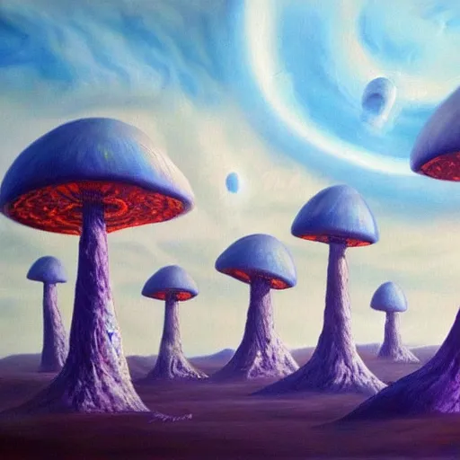 Image similar to alien landscape, oil painting, giant mushrooms, 4k, trending on artstation