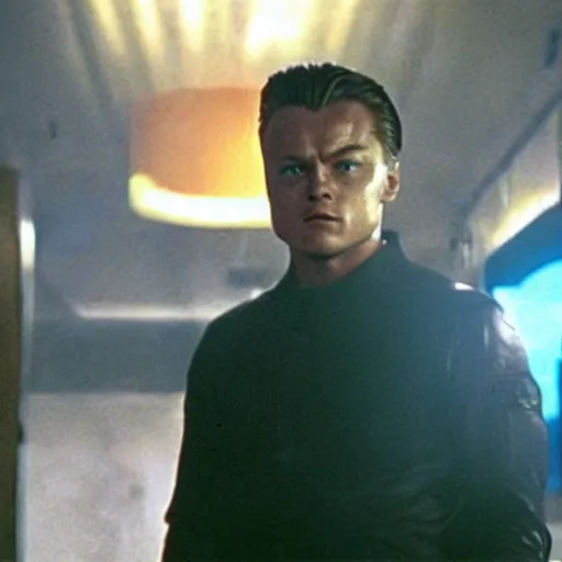 Prompt: film still of leonardo di caprio as t 1 0 0 0 passing through bars in terminator 2