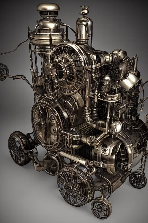 Image similar to octane render, 1 9 4 0's futurist advertising showroom photograph of a techno - magical, dieselpunk, reality shifting device. a gizmo, artifact, or machine. gas powered engine included. intricate detail. clockwork, industrial steampunk.