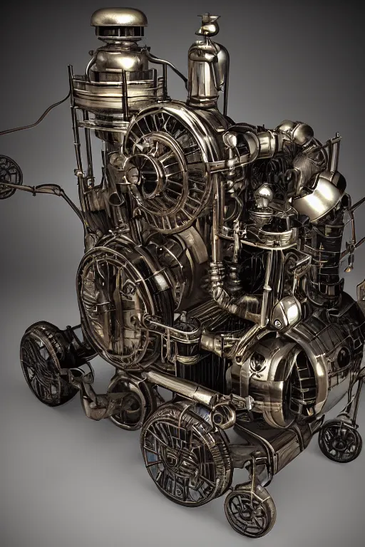 Prompt: octane render, 1 9 4 0's futurist advertising showroom photograph of a techno - magical, dieselpunk, reality shifting device. a gizmo, artifact, or machine. gas powered engine included. intricate detail. clockwork, industrial steampunk.