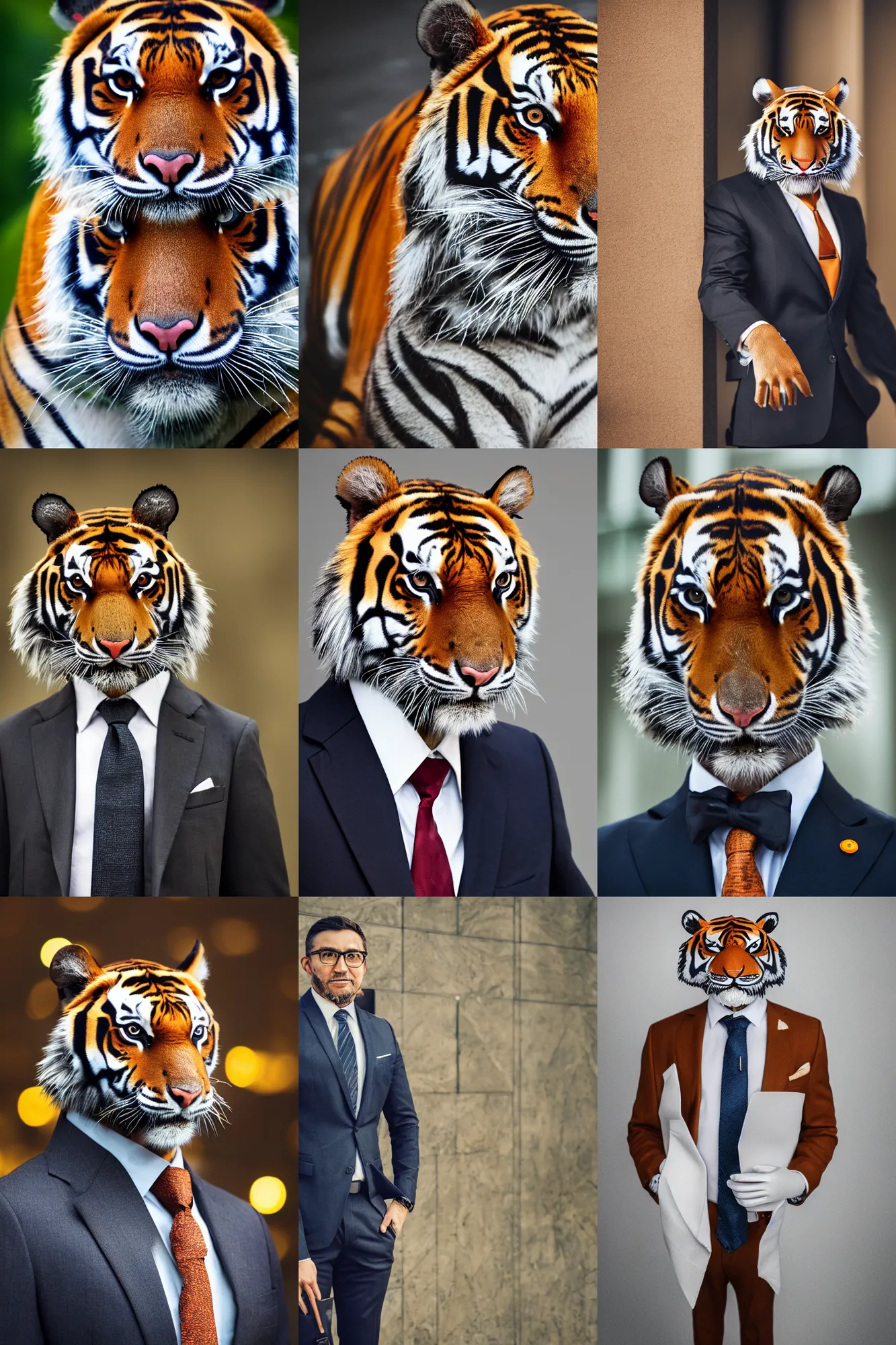 Prompt: high quality portrait photo of an industrialist tiger dressed in a dark business suit and tie, Anthropomorphic, photography 4k, f1.8 bokeh, 4k, 85mm lens, sharp eyes, looking at camera