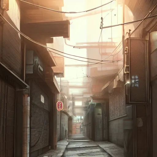 Image similar to a narrow alley with a sign in the middle of it, cyberpunk art by pan tianshou, cgsociety contest winner, shin hanga, unreal engine 5, rendered in unreal engine, unreal engine