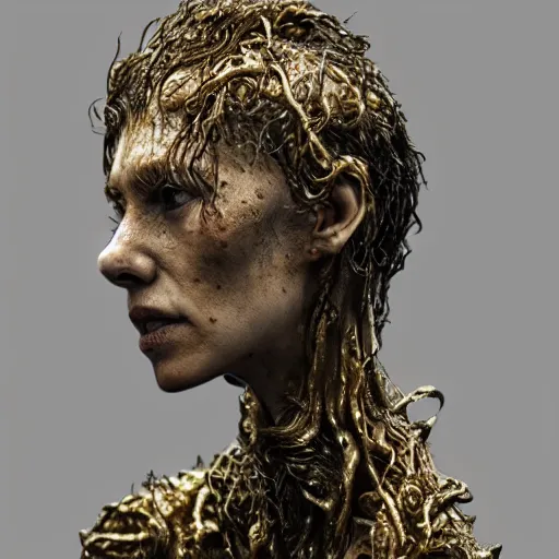 Prompt: photo taken of an epic intricate, ultra detailed, super realistic gritty, wet, lifelike sculpture of an eldritch druid queen by weta workshop, zoomed in shots, sublime subsurface scattering, photorealistic, sharp focus, white wall coloured workshop, desaturated, cold colour temperture, f 2, face centred, golden ratio, golden hour