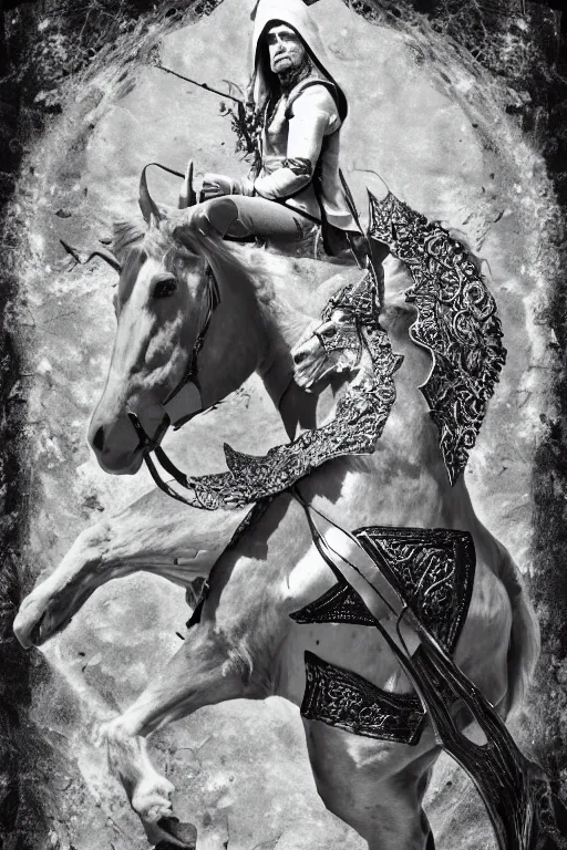 Image similar to self - transforming machine elf riding horse and holding chalice in the style of nordic noir television, dmt fractal tiling across the background, double exposure film, black and white kodak portra, knight of cups, vintage etteilla tarot