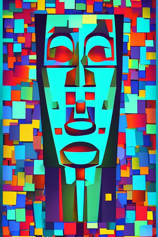 Image similar to cubist moai statue cutout digital illustration cartoon colorful beeple